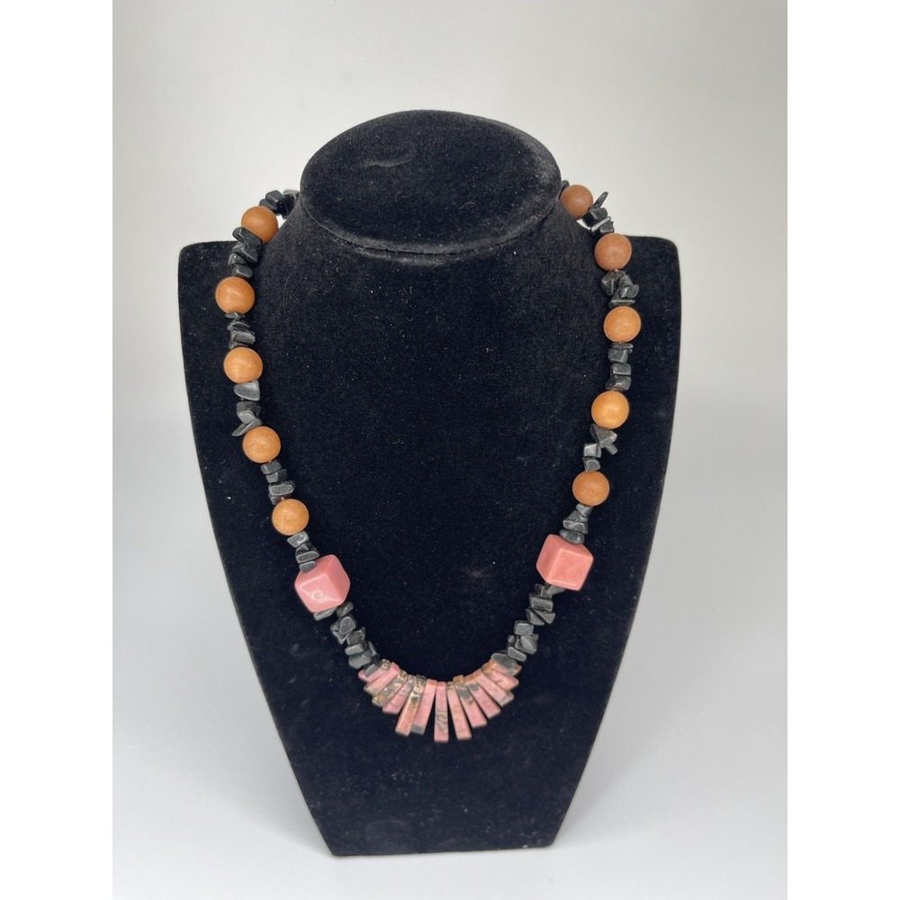 Vintage Pink Black Beaded Necklace Statement Rhodonite Style Boho Women